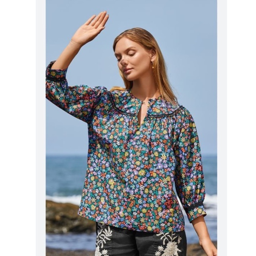 Johnny Was Blouse Risa Poplin in Black Floral